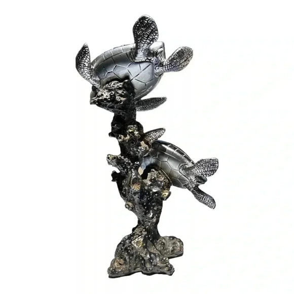 2 Swimming Sea Turtles Polystone Figurine 12" Decorative Coral Metallic Granite - Picture 3 of 9